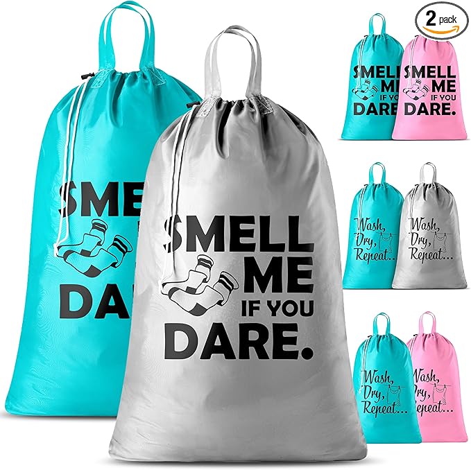Extra Large Travel Laundry Bag - 2-Pack Fun Print Design Bags for Dirty Clothes - Durable Water-Resistant Fabric - Sturdy Drawstring Closure (Teal-Grey | Smell Me If You Dare)