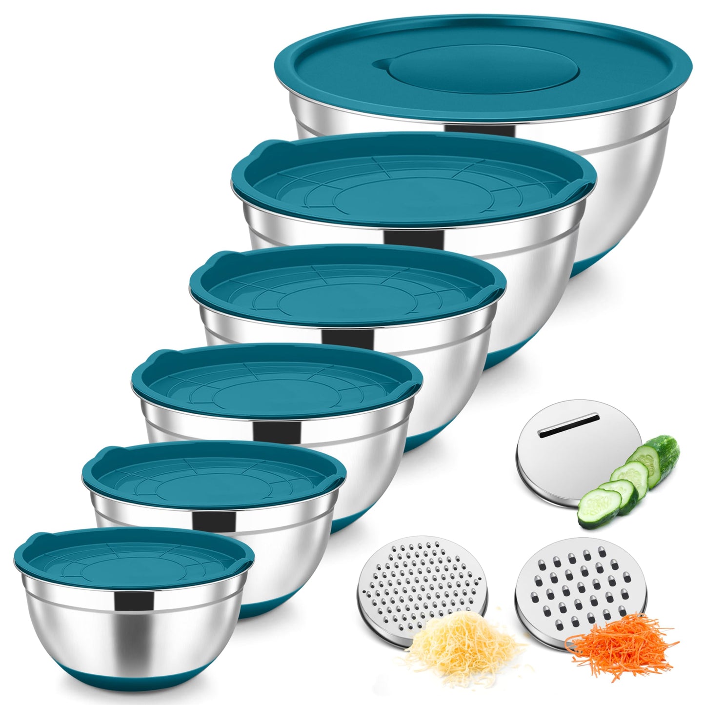 TeamFar Mixing Bowls, Stainless Steel Salad Bowl with Lid & Graters -Blue