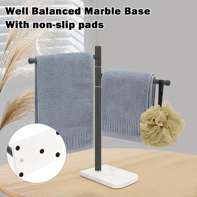 Standing Hand Towel Holder, Hand Towel Stand with Marble Base, 304 Stainless Steel Towel Rack with 2 Swivel Arm, Countertop Stand Towel Ring Towel Bar for Bathroom (Matte Black)