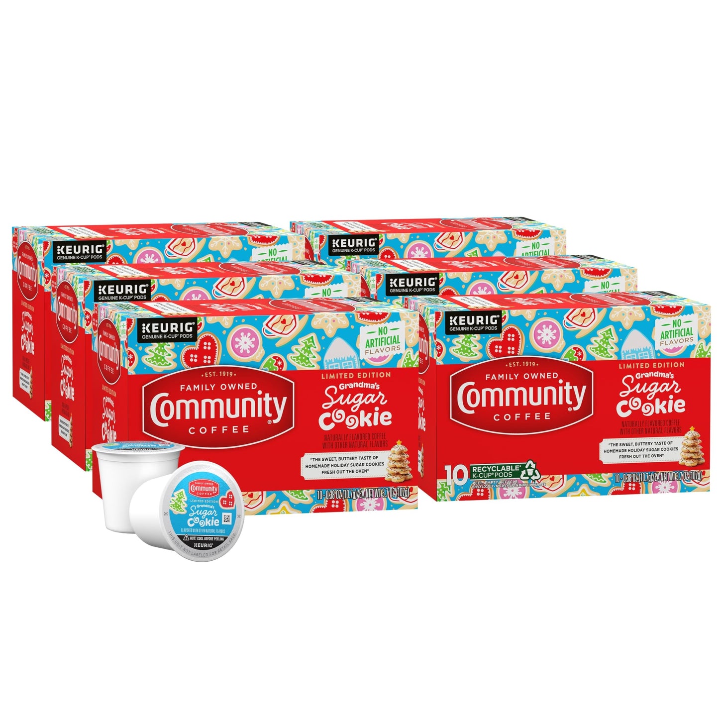 Community Coffee Grandma's Sugar Cookie Keurig K-Cup Pods, Limited Edition Holiday Flavor, Natural Ingredients, 10 Count (Pack of 6)