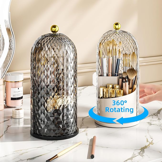 Makeup Brush Holder Organizer with Lid, 360 Rotating Make up Brush Holder with Cover, Dustproof Makup Brush Storage for Vanity Bathroom Countertop, Covered Toothbrush Holder, Clear