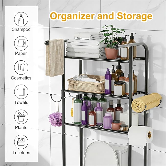 3-Tier Over The Toilet Storage Shelf，Bathroom Organizers and Storage Over Toilet，Metal Bathroom Space Saver with 2 Bars，1 Paper Holder and 4 Hooks,Black