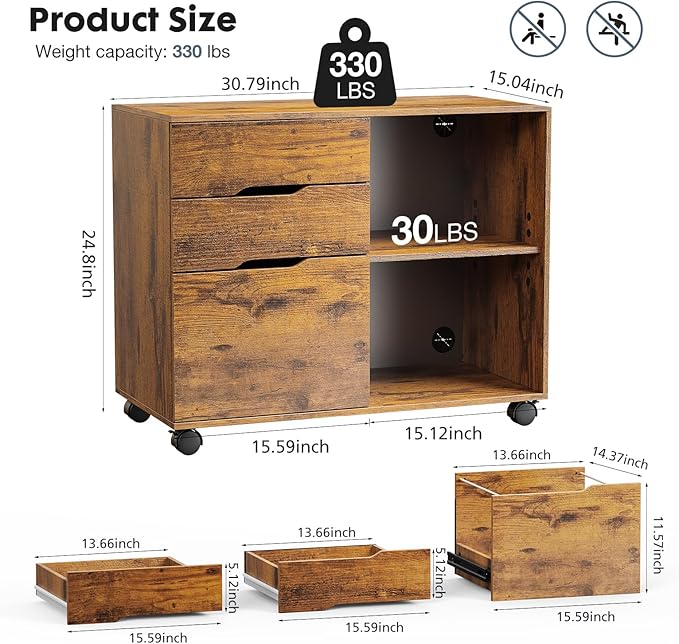 DUMOS Lateral File Cabinet with 3 Drawers Rolling Filing Cabinets Under Desk Storage Printer Stand Wood Organizer with Wheels Adjustable Shelf for Office Home Small Space, Brown