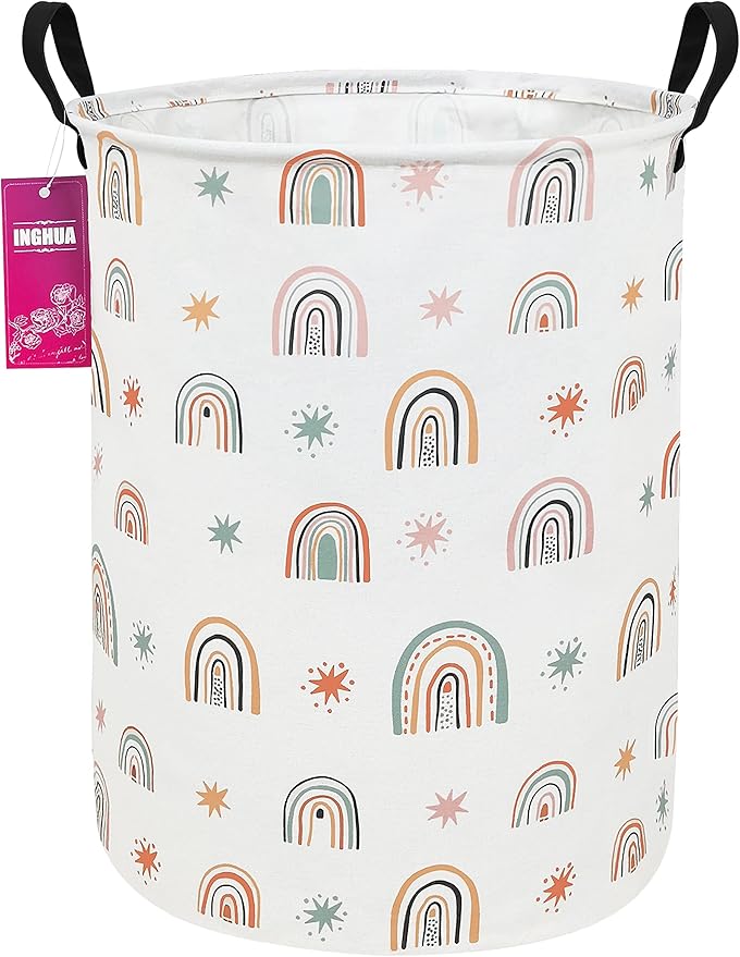 Laundry Hamper Large Canvas Fabric Lightweight Storage Basket/Toy Organizer/Dirty Clothes Collapsible Waterproof for College Dorms, Boys and Girls Bedroom,Bathroom(Star Rainbow)