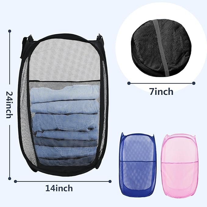 Pop Up Laundry Hamper, Mesh Laundry Basket Collapsible, Foldable Hamper for Travel and Storage, 3 Pack (Black+Pink+Blue)