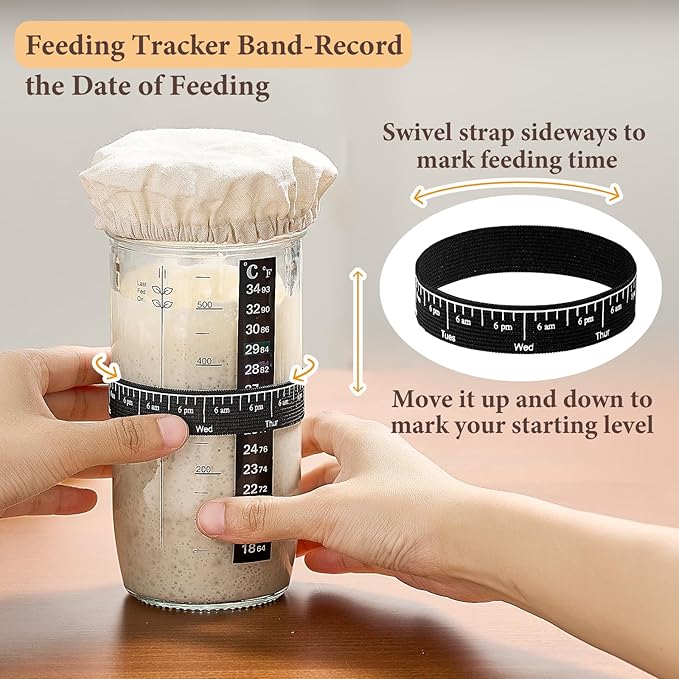 Glass Sourdough Starter Jar 2 Pack, 24 oz Wide Mouth Organic Sourdough Starter Kit with Date Marked Band, Thermometer, Cloth Cover & Metal Lid, Reusable Bread Baking Supplies, Bread Making Accessories