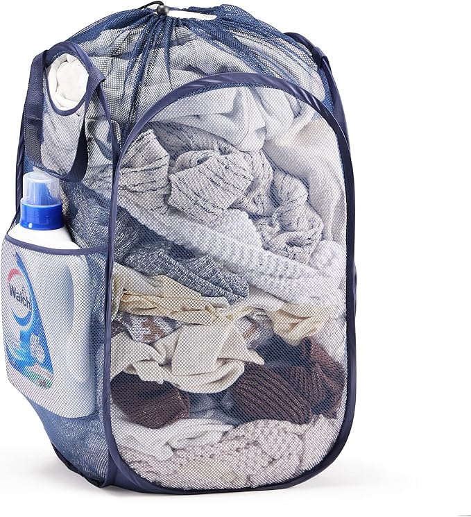 TECHMILLY Collapsible Mesh Pop Up Laundry Hamper with Sturdy Handles and Side Pocket - Portable Foldable Clothes Baskets for Dorm, Bathroom & Travel Storage (with Drawstring, Blue)