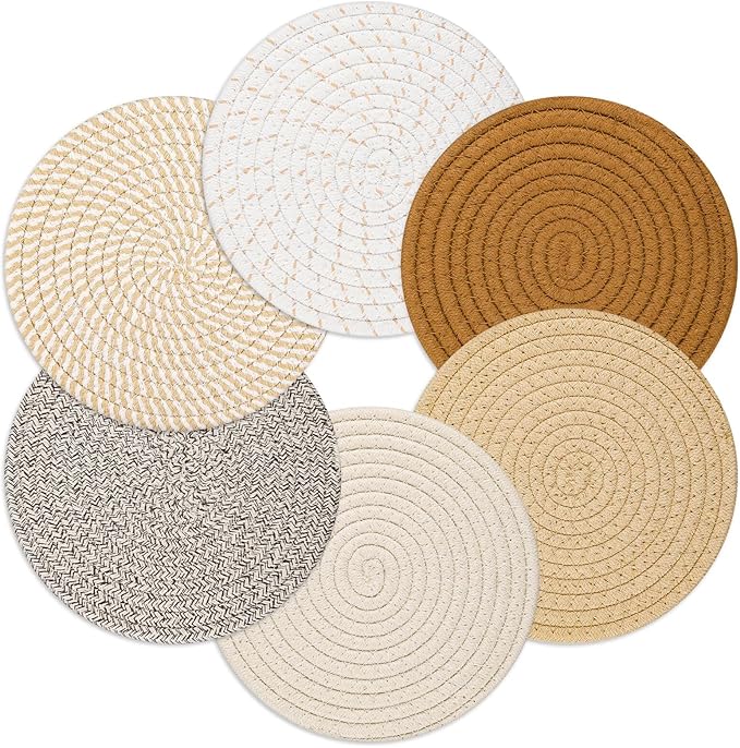 Billbotk 8" Trivets for Hot Dishes, Hot pots and Pans, 6 Heat Resistant Hot Pads, Pot Holders for Kitchen, Hot Plate Mats for Table, Kitchen Decor for Counter, Home Essentials, Farmhouse(Boho)