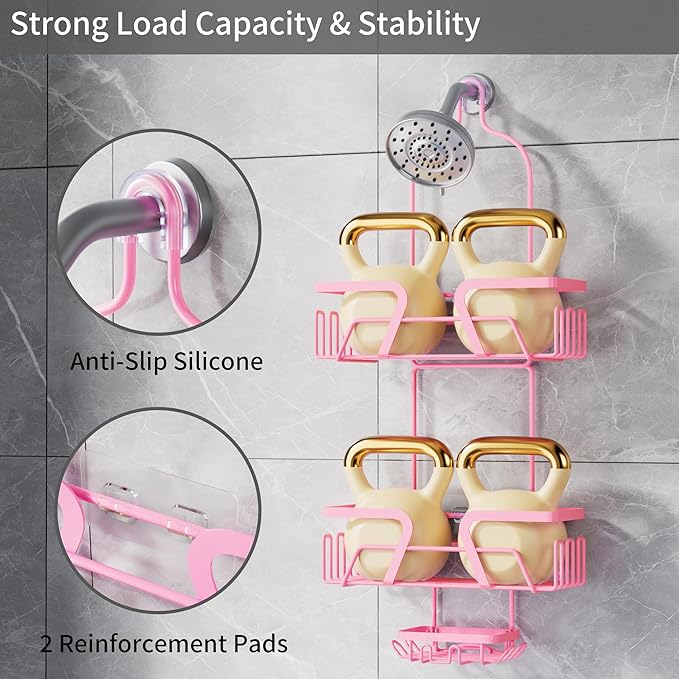 Shower Caddy Hanging, Pink Over the Shower Head Caddy with Soap Holder, Bathroom Organizer with Hooks for Razors and Bath Sponges
