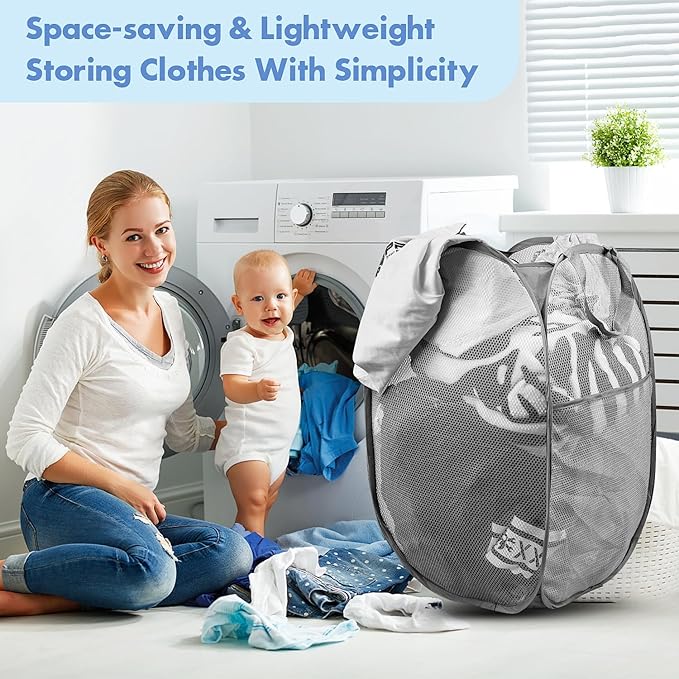 DUCOO Pop Up Hamper, 1 PCS Mesh Pop Up Laundry Hamper, Foldable Mesh Laundry Basket with Space-Saving Design for Home, Dorm, Travel & Storage - Gray