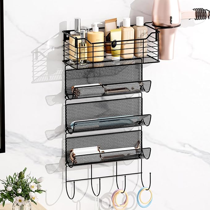 VITVITI Metal Hair Tool Organizer Wall Mount, Hair Dryer Holder with 4 Tier Shelf Basket Hooks, Bathroom Styling Tool Organizer for Curling Iron/Blow Dryer/Straightener, Matte Black