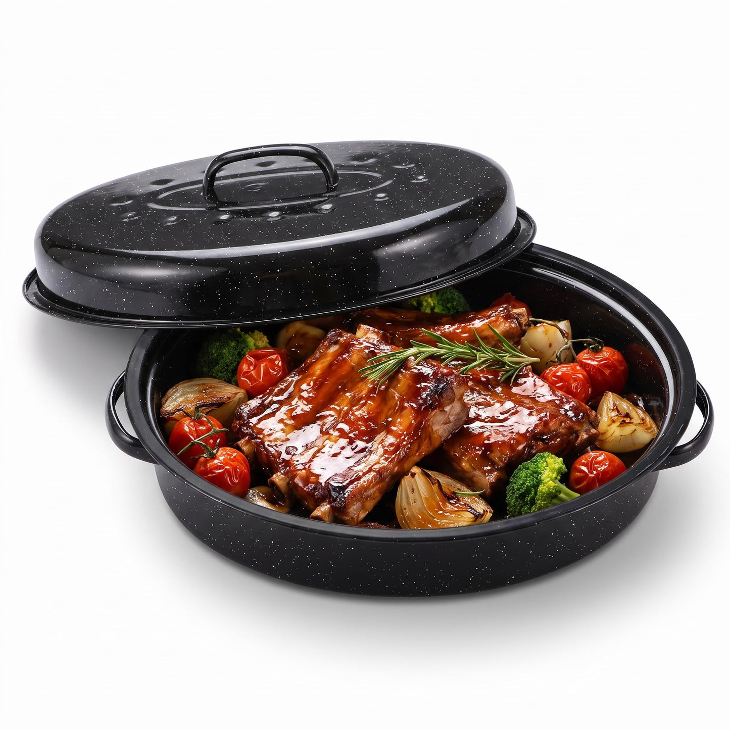 13” Enamel Roaster With Lid Oval Roasting Pan For Oven,Turkey Roaster Pot Broiler Pan Chicken Vegetables Suitable For Dining With Two People High Cookware Small Baking Pan