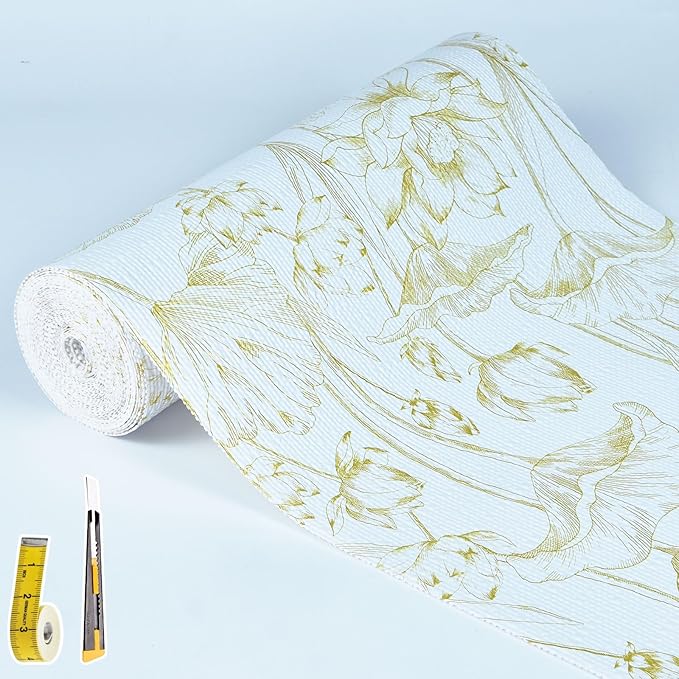 Shelf Liners Non Adhesive Light Base Gold Lotus Pattern - Thickened Non-Slip Easy to Clean Drawer Liner for Kitchen Cabinets, Tool Box, Refrigerator, with Knife & Tape Measure, 17in x 20FT
