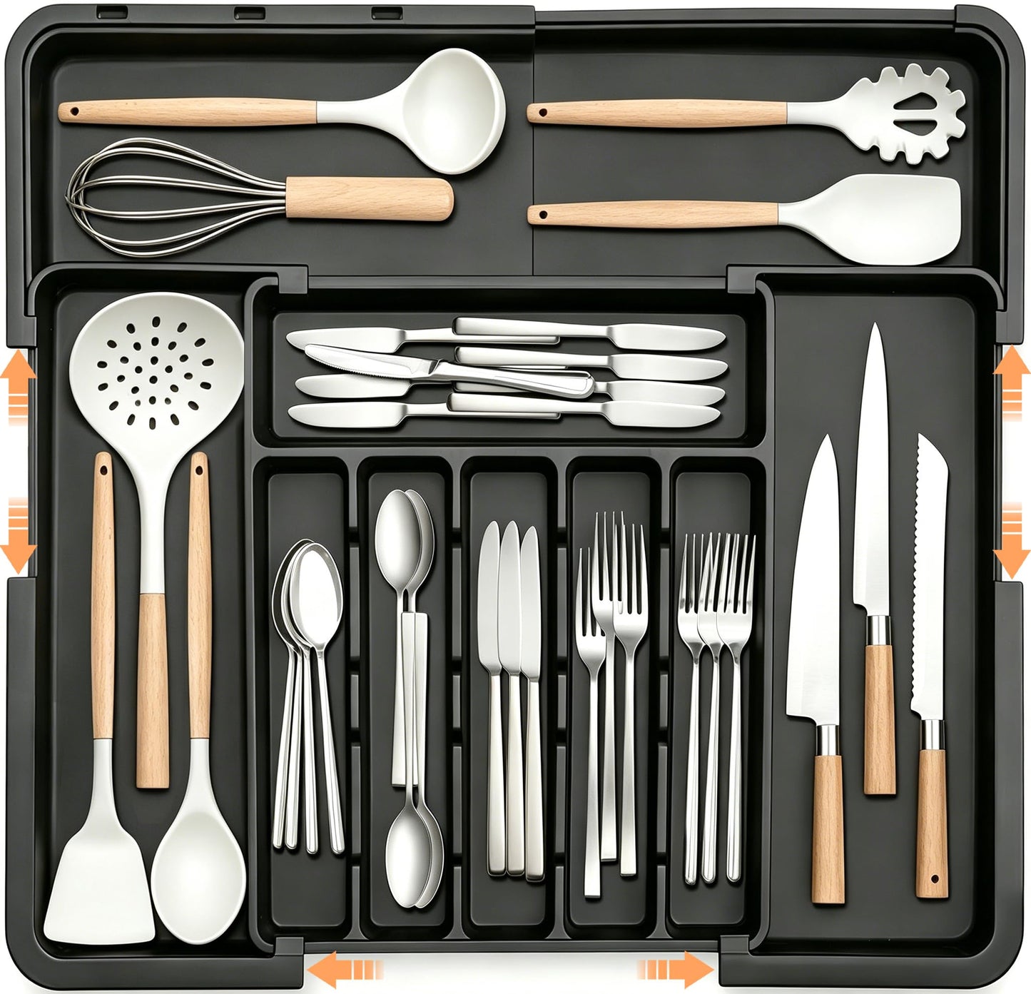 Spaclear Large Silverware Drawer Organizer Expandable Kitchen Utensil Organizer BPA Free Flatware Cutlery Holder Tray Adjustable Plastic Drawer Divider Storage for Forks Knives 6-9 Slots White