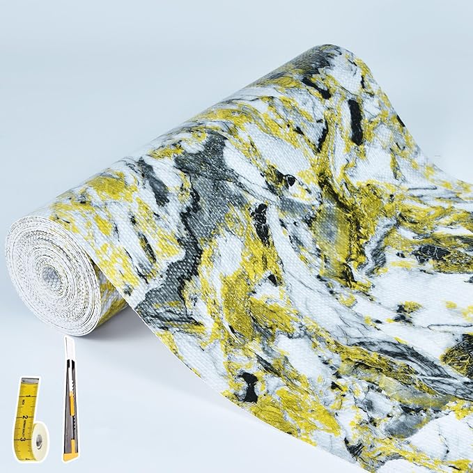 Drawer and Shelf Liner - Yellow Black Marble Pattern,Non Adhesive Non Slip Waterproof Easy-Clean Liner for Kitchen Cabinet, Refrigerator, Bathroom, Pantry Storage Drawers, 12 in x 10 Ft