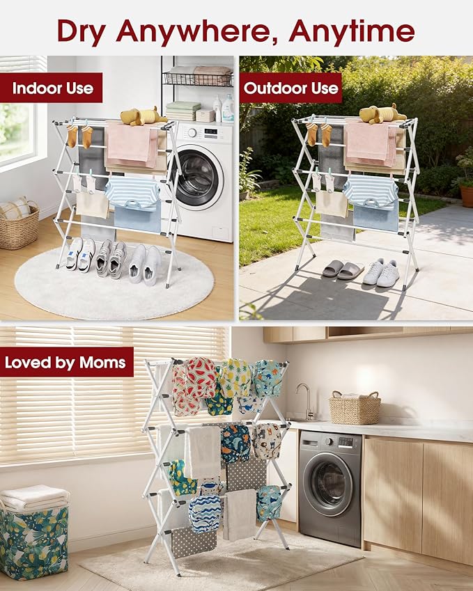Foldable Clothes Drying Rack – Metal Laundry Drying Rack with Non-Slip Feet, 3-Tier Space-Saving Clothing Rack for Laundry Organization, Indoor & Outdoor Use, 11.4"D x 29.1"W x 37.4"H, White