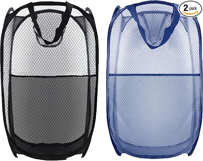 Collapsible Pop Up Laundry Hamper, Extra Large Mesh Foldable Laundry Basket Bag, 28" x 16" x 16", 2 Pack (Black + Blue)