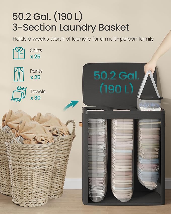 SONGMICS Laundry Basket, 50.2 Gal. Laundry Hamper, 3 Compartments, Easy Assembly, with Lid and Handles, Removable Liners, 25.2 x 15.7 x 29.5 Inches, Ink Black ULCB814BH01