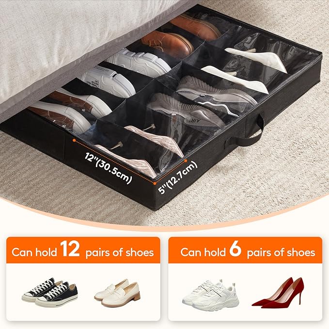 Lifewit Under Bed Shoe Storage Organizer 1 Pack(12 Pairs), 4.3" Tall Fabric Shoes Container Box, Foldable Closet Shoe Bag with 2 Reinforced Handles and Clear Cover, Black