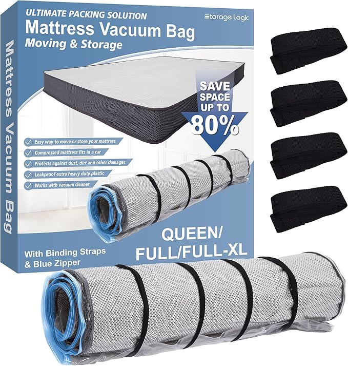 Storage Logic Queen/Full/Full-XL Foam Mattress Vacuum Bag with Blue Zipper, Mattress Storage Bag