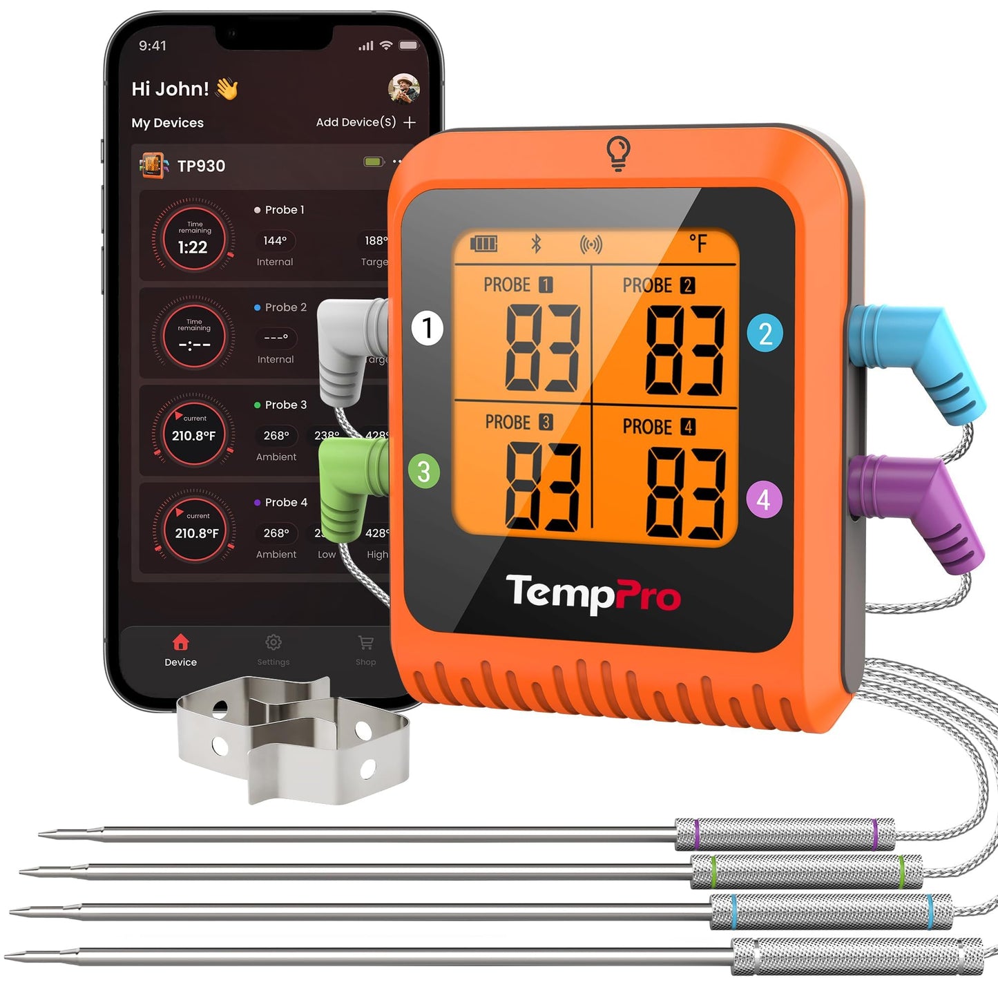 TempPro TempSync 650 ft Bluetooth Meat Thermometer with 2 Probes for Grill