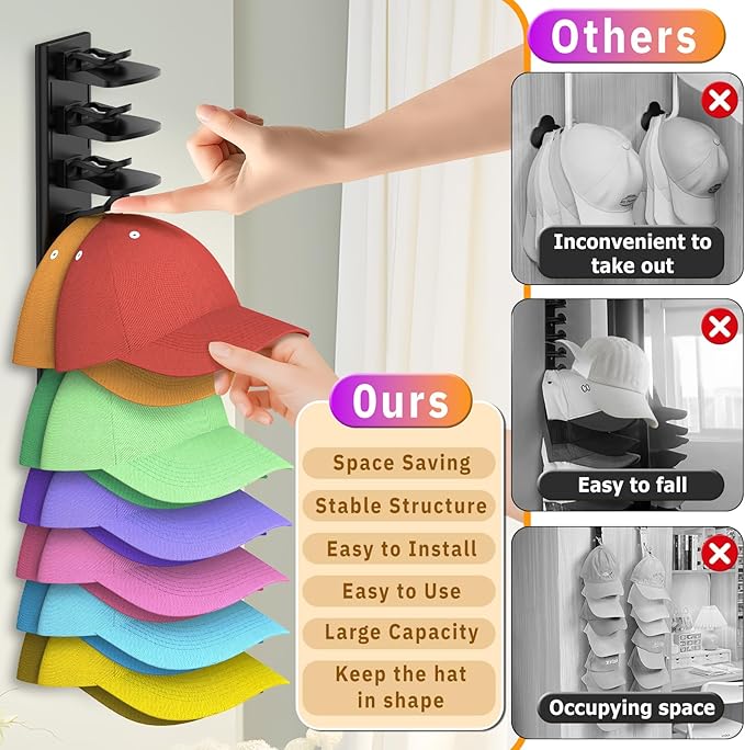 Hat Organizer for Baseball Caps, 2 Pack Hold Up to 40 Hats, Hat Rack for Wall Space Saving, Hat Hanger w/Strong Adhesive Hat Storage Holder Display for Closet Door and Wall (Black)