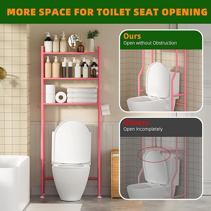 3-Tier Over The Toilet Storage, Space Saver Metal Bathroom Shelves, Freestanding Above Over Toilet Storage Shelf with 4 Hooks for Bathroom, Pink