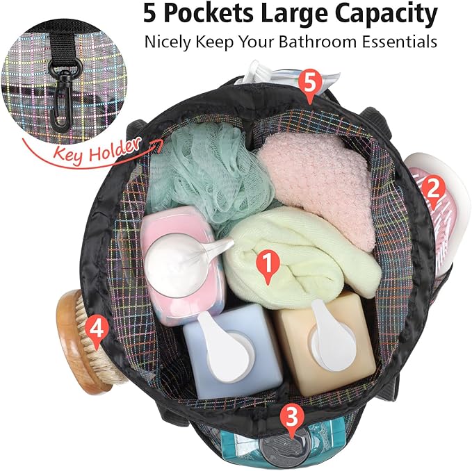 F-color Mesh Shower Caddy Portable with Drawstring - Tall 5 Pockets Dorm Room Essentials for Guys Girls with S Hook, Shower Bag Basket Tote for College Camping Travel Toiletry Bathroom, Black Grid