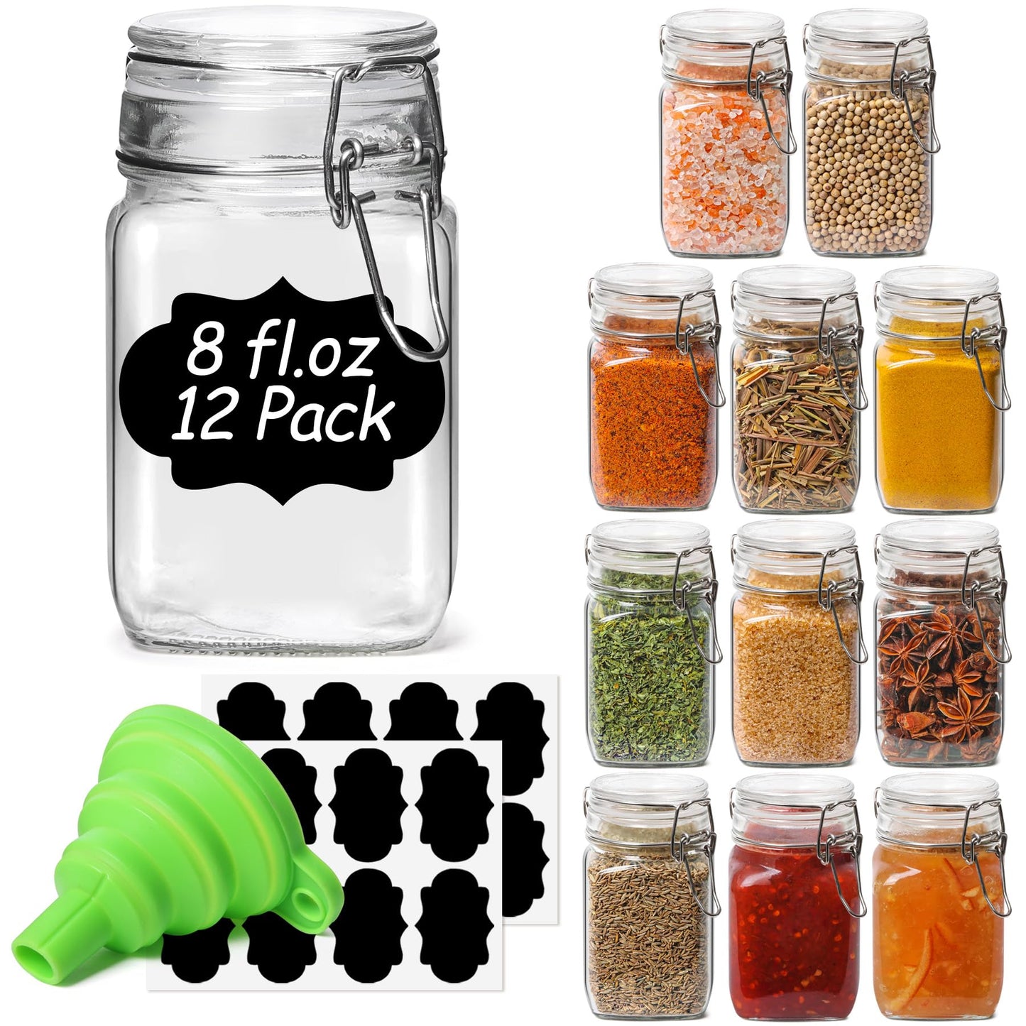 ComSaf Square Glass Spice Jars 8 oz 6 Pack with Labels and Funnel Set