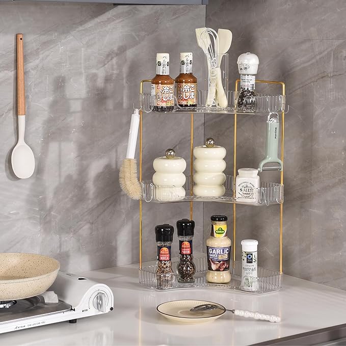 3-Tier Corner Bathroom Organizer Countertop with Hooks, Bathroom Sink Corner Vanity Storage for Makeup, Skincare and Perfume (White Gold)