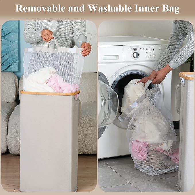 Laundry Basket with Lid, 110L Laundry Hamper with Bamboo Handle,Clothes Basket Organizer with Removable Inner Bag for Clothes Toys Towels,Light Grey