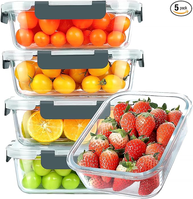 KOMUEE 30 oz 5 Pack Glass Meal Prep Containers with Lids, White
