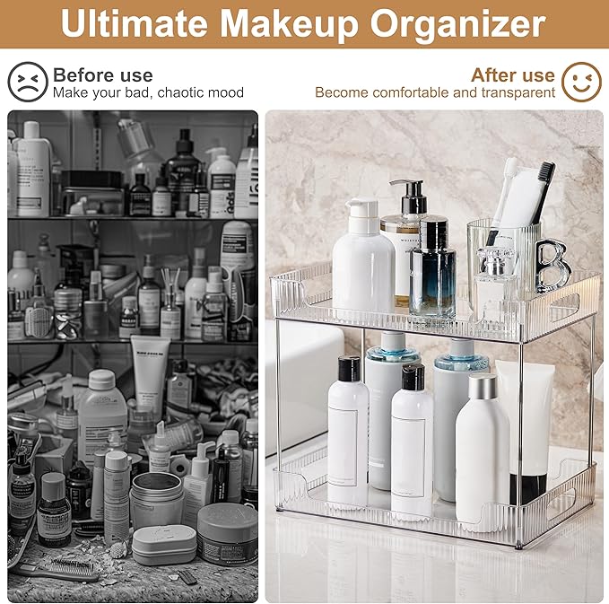 3 Tier Bathroom Counter Organizer, Multi-Purpose Cosmetics Skincare Shelf, Fits A4 Size Makeup Organizer for Office and Vanity Tray, Countertop Storage Solution for Kitchen,Bath.(Clear)