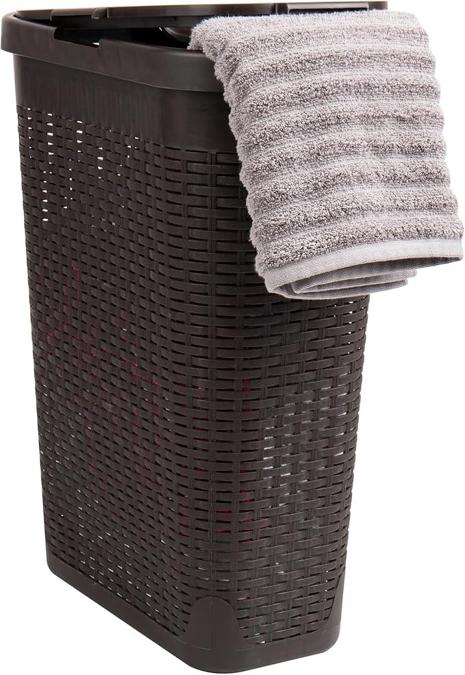 Mind Reader Slim Laundry Hamper with Lid, 40L Clothes Basket, Premium Wicker Design, Plastic, Brown