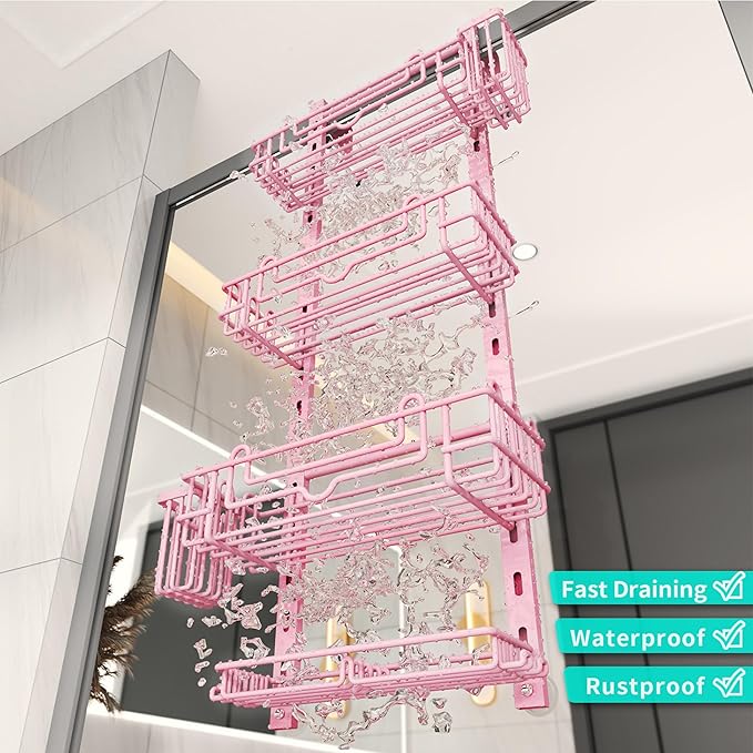HapiRm Hanging Shower Caddy Organizer - Shower Shelf with 22 Hooks and 2 Toothbrush Holders, No Drilling Adjustable Hanging Bathroom Organizer - Pink
