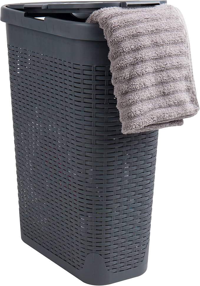 Mind Reader Slim Laundry Hamper with Lid, 40L Clothes Basket, Premium Wicker Design, Plastic, Gray