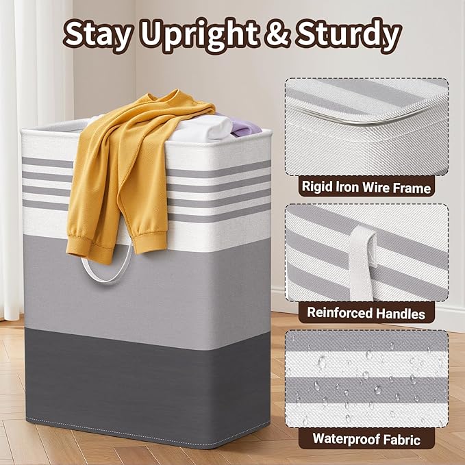 WOWBOX 2 Pack Laundry Hampers Baskets, Freestanding Dirty Clothes Hampers with Reinforced Handles & Cross Stitch & Waterproof Coating, for Laundry Bedroom Bathroom, 2 x 125L