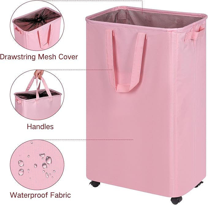 efluky Slim Laundry Hamper with Wheels, Rolling Laundry Basket for Clothes, Small Laundry Basket for Bedroom, Dorm and Laundry Room, 75L (19.8 Gallons) Pink