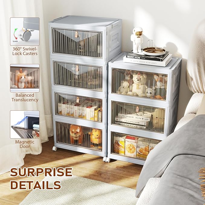4 Tier Stackable Plastic Storage Bins with Lid and Wheels - 23 QT Closet Organizers and Storage, Foldable Storage Containers, Organization and Storage Boxes for Craft, Home, Pantry, Dorm, Grey