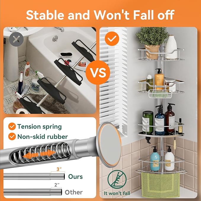 Corner Shower Caddy Tension Pole Rustproof, 4 Tier Adjustable Shower Organizer Tension Pole, 25-125 Inch Bathroom Shower Organizer for Bathtub Shampoo Storage, Silver