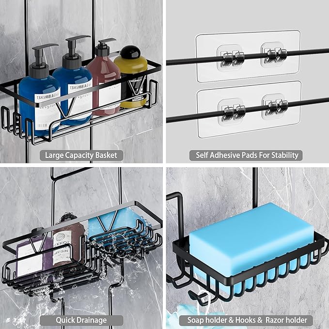 Over the Shower Head Caddy with 2 Baskets & Soap Holder, Non-Slip Design for 0.82-Inch Showers, Black, Stainless Steel