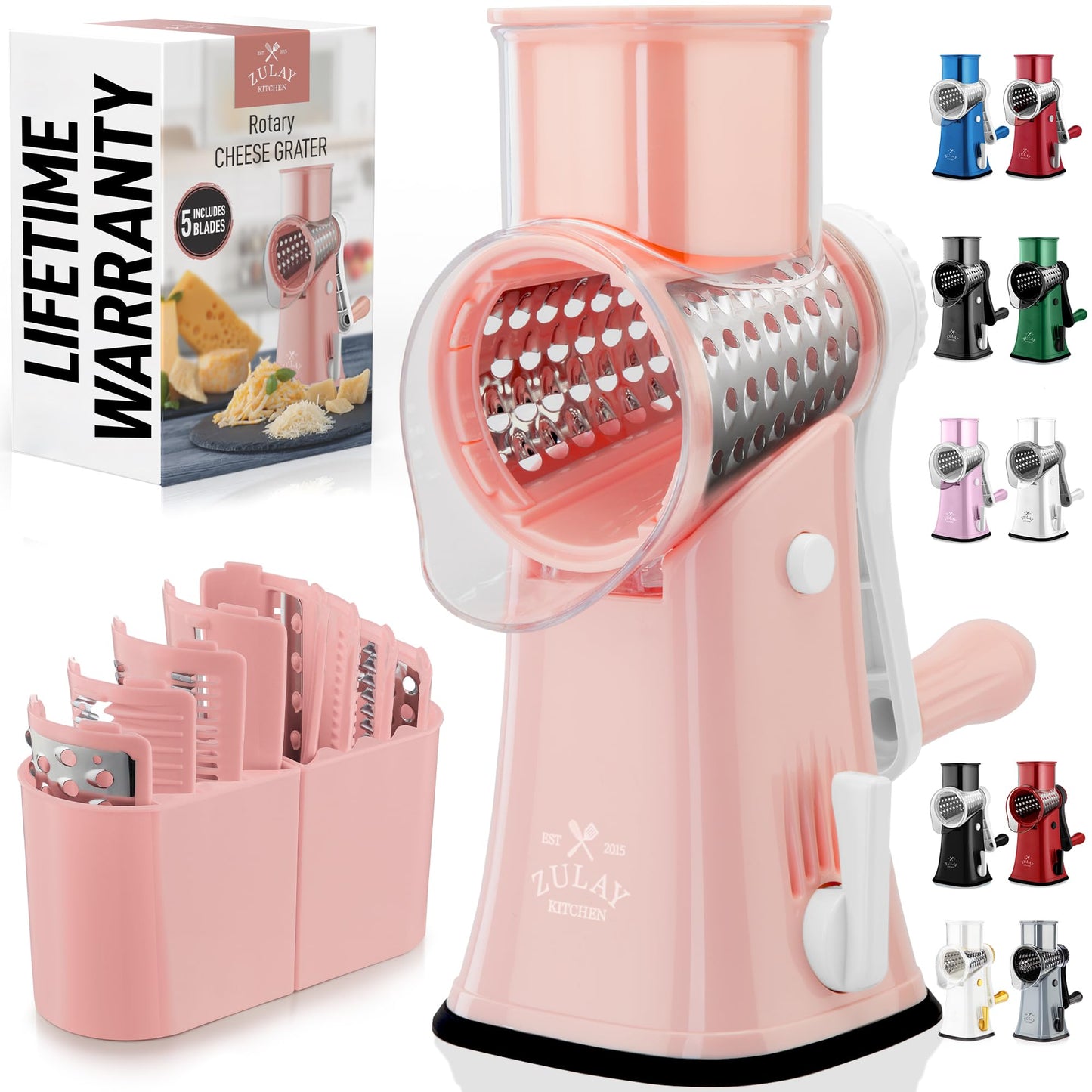 Zulay Kitchen Rotary Cheese Grater 5 Blade Cheese Shredder - Manual Hand Crank Cheese Grater With Reinforced Suction & 5 Interchangeable Drums - Easy to Use, Vegetable Chopper Round Mandoline Slicer