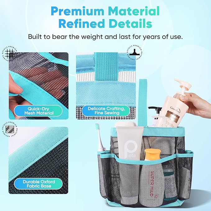 EUDELE Mesh Shower Caddy Portable for College Dorm Room Essentials, 8-Pocket Large Capacity Shower Bag for Beach, Swimming, Gym Pack