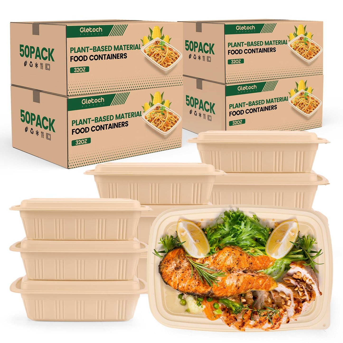 100 Piece (50 Pack) Meal Prep Containers Reusable - 2 Compartment 32 oz Cornstarch Snack Containers with Lids - Plastic Food Storage Salad Containers - To Go Lunch Box - Microwave & Freezer Safe