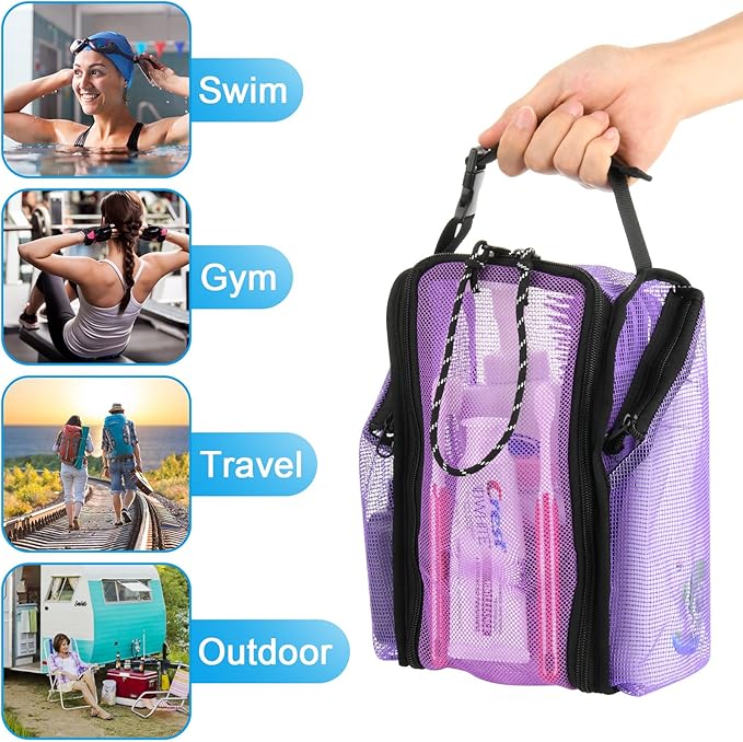 Cosmos Mesh Shower Caddy Toiletry Organizer Hanging Shower Tote Bag, Quick Dry Shower Organizer Portable Bath Bag with Durable Zippers & Side Pockets for Travel Gym Swimming Beach & Camp (Purple)