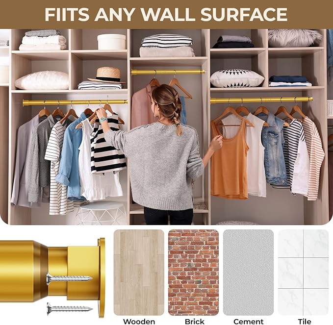 Mavivegue Closet Rod, 17 to 57 Inch Gold Adjustable Closet Rods for Hanging Clothes, Hanging Rod for Closet Wardrobes Laundry RV, Bathroom