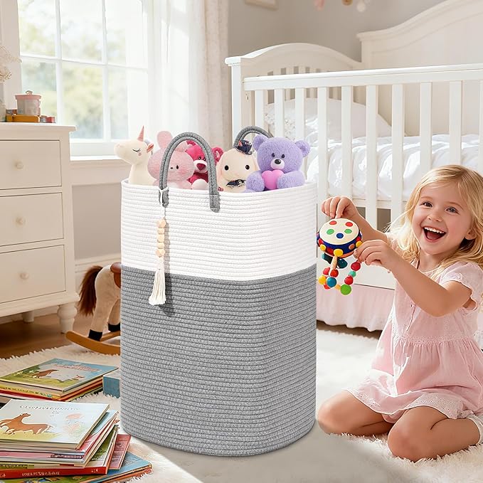 Woven Laundry Basket for Clothes, 50L Large Rectangle Laundry Hampers with Beads Tassel, Nursery Storage Basket for Toys, Tall Dirty Clothes Hamper for Bedroom Aesthetic, Laundry Room Organization