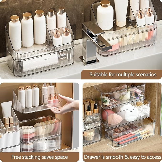 Medicine Cabinet Organizer 2 Tier, Stackable Bathroom Mirror Cabinet Storage，Small Makeup Organizers with 1 Drawer and 1 Tray for Wall Cabinet， Closet， Vanity, Countertop, Clear