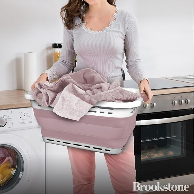 BROOKSTONE 11 GALLON XL 24" Collapsible Laundry Basket & Clothes Hamper, Comfort Non-Slip Handles, Modern Laundry Hamper with Space Saving Design, Portable Pop-Up Hamper, BPA FREE, Blush Pink, 1 Pack
