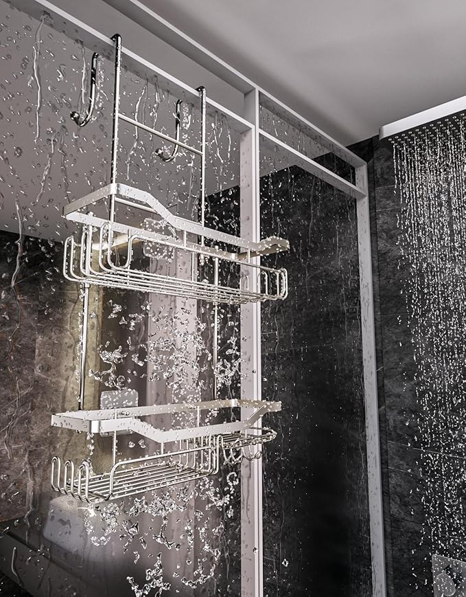 HapiRm Hanging Shower Caddy Over the Door with Soap Holder, No Drilling Adhesive Shower Organizer with 11 Hooks, Rustproof & Waterproof 304 Stainless Steel Bathroom Shelves - Brushed Nickel